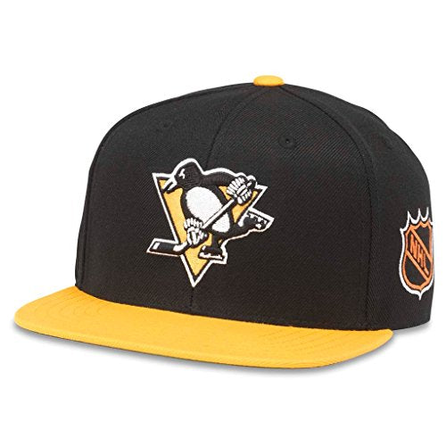 AMERICAN NEEDLE Blockhead 2 NHL Team Flat Brim Hat, Pittsburgh Penguins, Black/Gold (43732A-PPN)