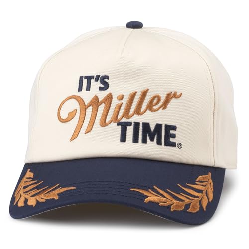 AMERICAN NEEDLE Miller Lite Beer Club Captain Adjustable Snapback Baseball Hat, Ivory/Navy (24002A-MLITE-INVY)