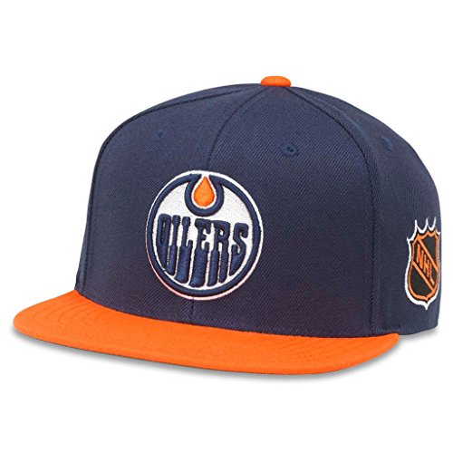 AMERICAN NEEDLE Blockhead 2 NHL Team Flat Brim Hat, Edmonton Oilers, Navy/Orange (43732A-EDO)