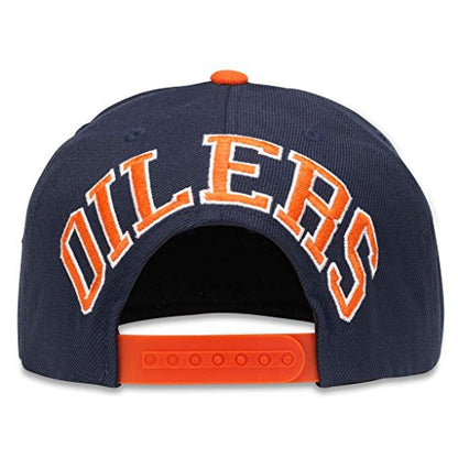 AMERICAN NEEDLE Blockhead 2 NHL Team Flat Brim Hat, Edmonton Oilers, Navy/Orange (43732A-EDO)