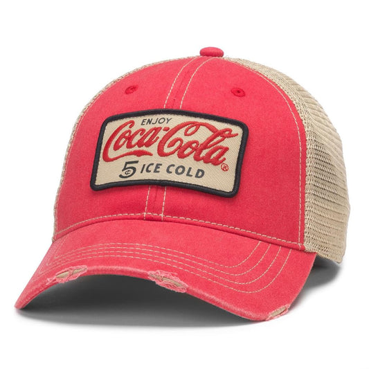 AMERICAN NEEDLE Coke Coca Cola Orville Adjustable Snapback Baseball Trucker Hat, Stone/Red (23001A-COKE-STRD)