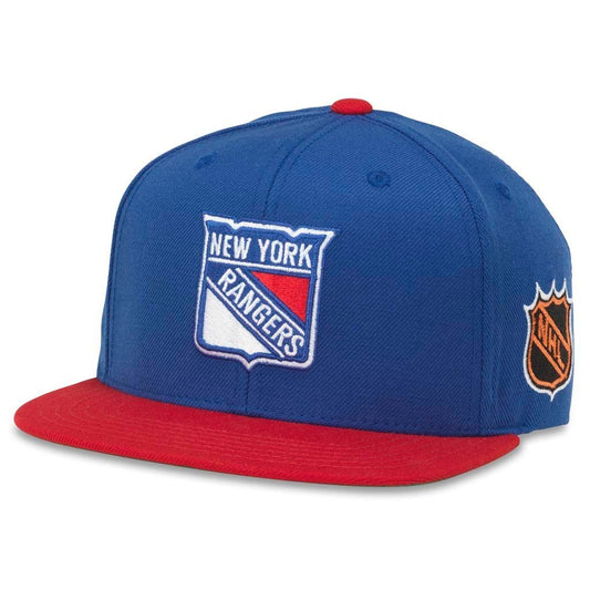 AMERICAN NEEDLE Blockhead 2 NHL Team Flat Brim Hat, New York Rangers, Royal/Red (43732A-NYR)
