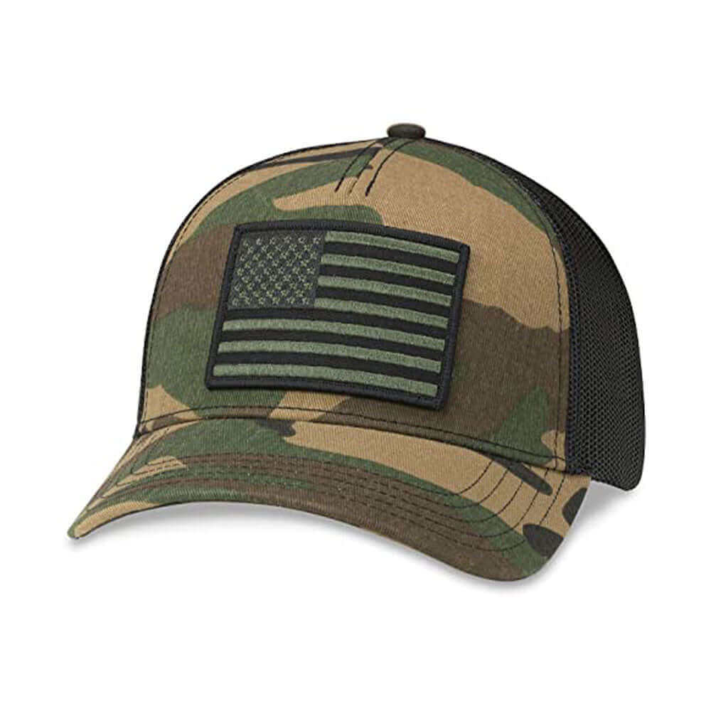 American flag trucker hat with camouflage pattern, black mesh backing, and a premium quality embroidered patch.
