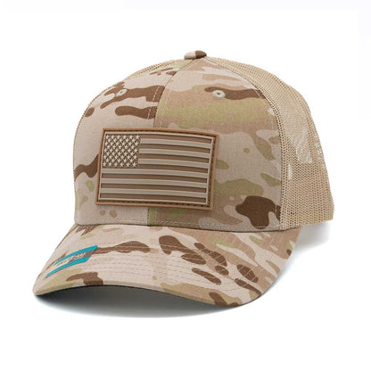 American flag trucker hat with Multicam Arid camouflage pattern, tan mesh backing, and a premium quality PVC patch.