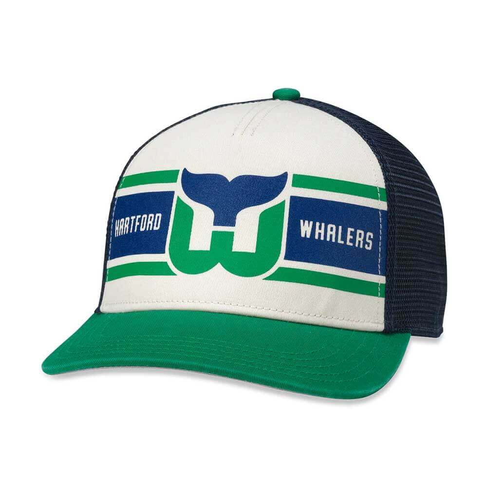 Hartford Whalers Hats: Blue/Green/Ivory Snapback Trucker Hat | Retro