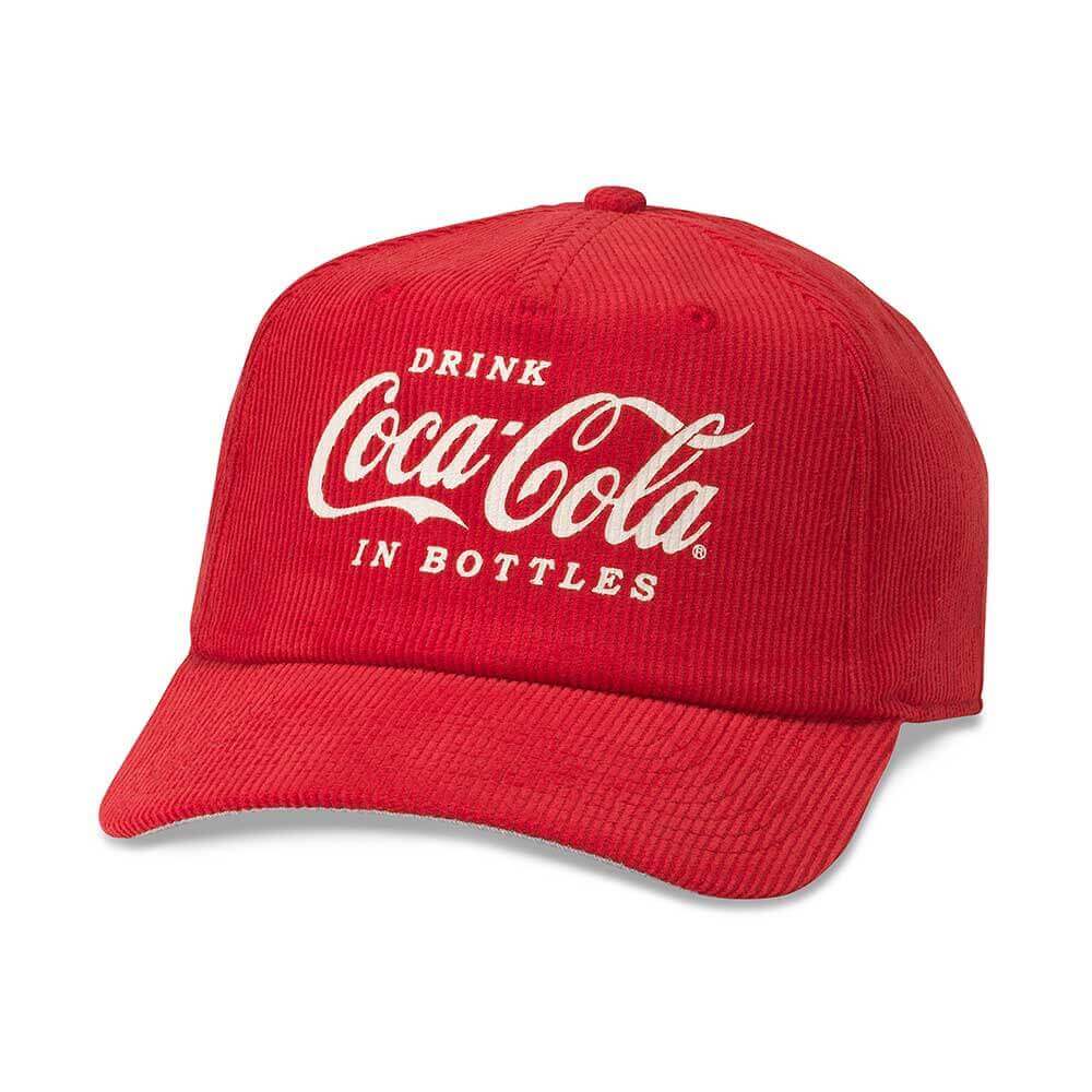 Coca-Cola Hats: Printed Corduroy Red Snapback Trucker Hat
