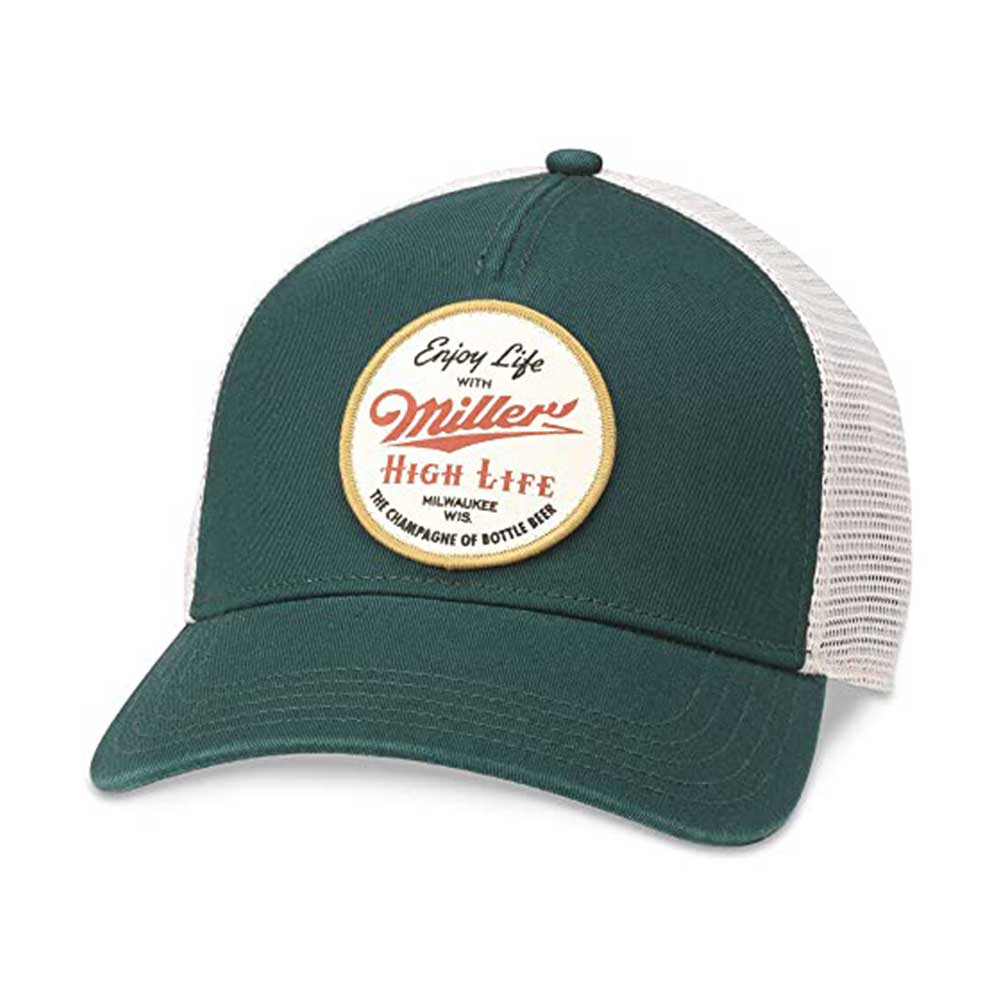 Miller-High-Life-Trucker-Hat-with-Green-Front-and-White-Mesh-Backing-Curved-Bill---Enjoy-Life-Milwaukee-Wisconsin---The-Champagne-of-Beers-Hats