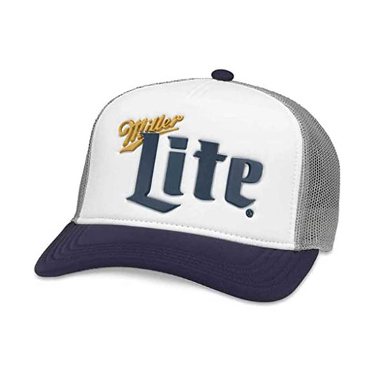 Miller-Lite-Hat-with-PVC-Patch---Blue-Brim-and-Grey-Mesh-Backing---High-Quality---White-Front---Snapback-Fit---Beer-Hats---Truckers---Trucker-Hats