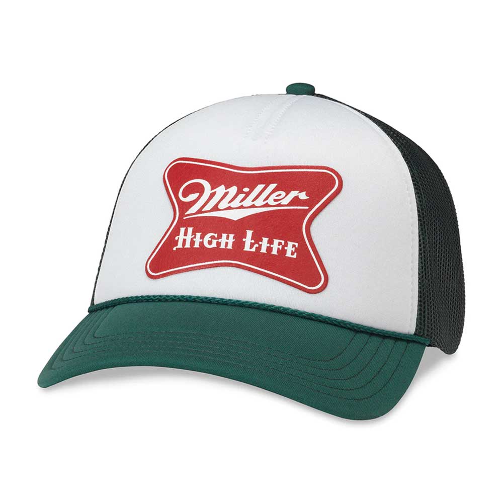 Miller High Life Hat: White/Green Snapback Foam Trucker Hat | Beer