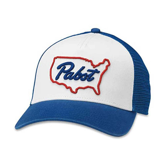 PBR---Pabst-Hat-with-Embroidered-Patch---Blue-Brim-and-Blue-Mesh-Backing---High-Quality---White-Front---Snapback-Fit---Beer-Hats---Truckers---Trucker-Hats